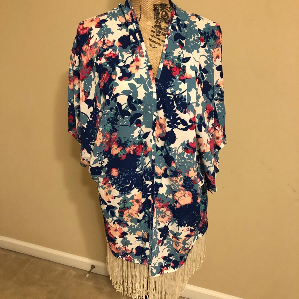floral & fringe colorful kimono - blue, pink,white